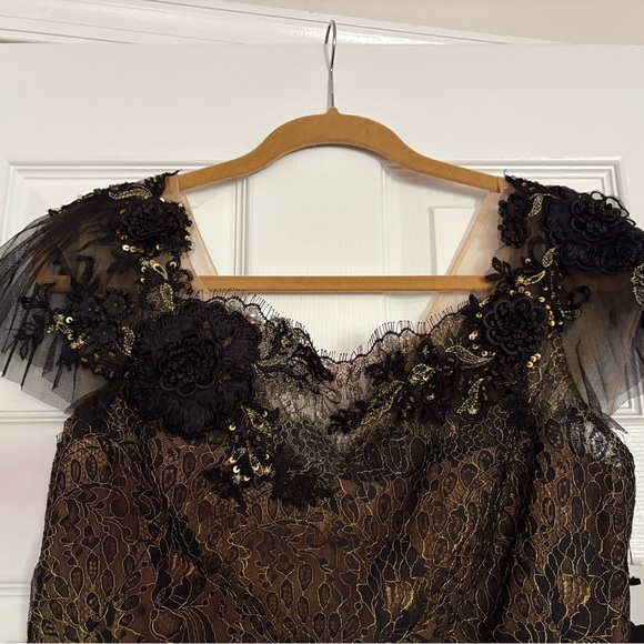 NWT Marchesa Notte Tulle-Trimmed Guipure Lace Cocktail Dress Black/Brown Sz 12 - Picture 2 of 8